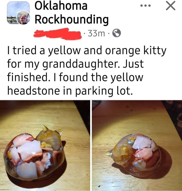 Handcrafted yellow and orange kitty made from polished stones, showcasing a unique but imperfect craft found by netizens.
