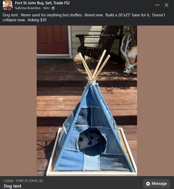 Patchwork denim dog tent with a collapsing frame, highlighted among horrible crafts that netizens shamed online.