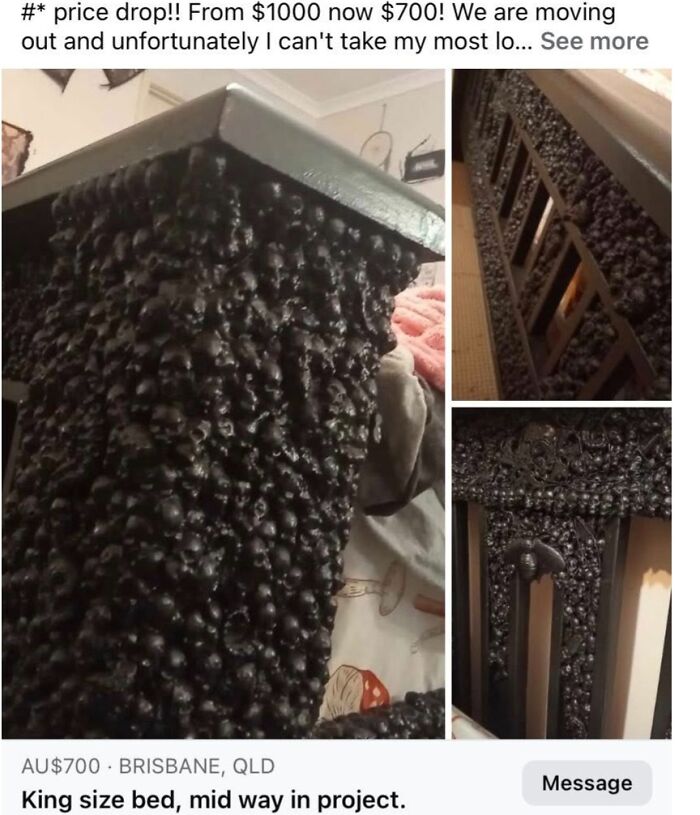 King size bed with an unfinished, heavily textured black craft design criticized for horrible craftsmanship and poor quality.