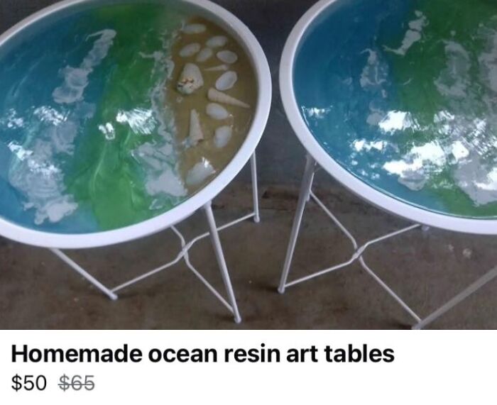 Homemade ocean resin art tables with uneven design, showing poor craft quality that netizens found disappointing.