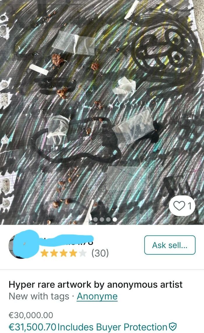 Messy craft artwork with black marker scribbles, tape pieces, and dirt clumps, showcasing one of the horrible crafts criticized by netizens.