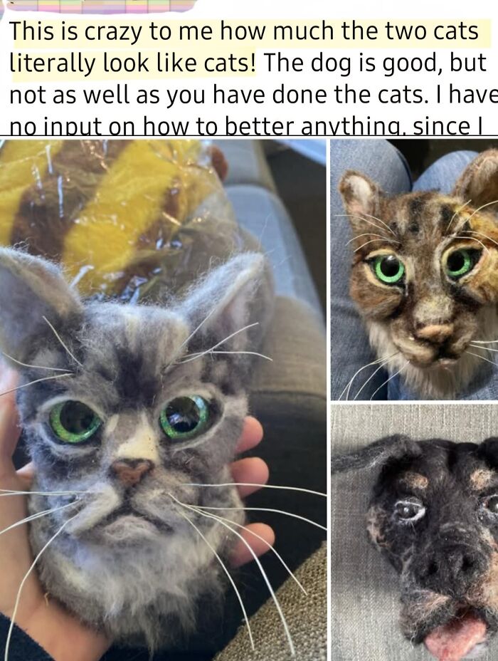 Felted crafts of cats and a dog showing detailed but awkwardly realistic animal faces, highlighting strange craft attempts.