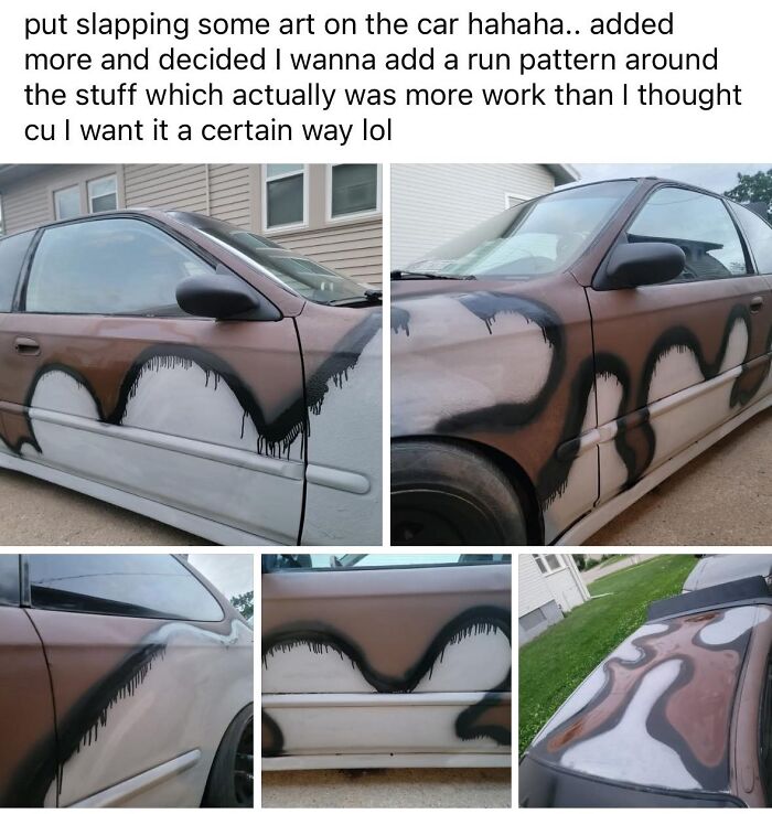 Car with poorly done DIY spray paint art featuring dripping patterns, showcasing one of the horrible crafts shamed by netizens.