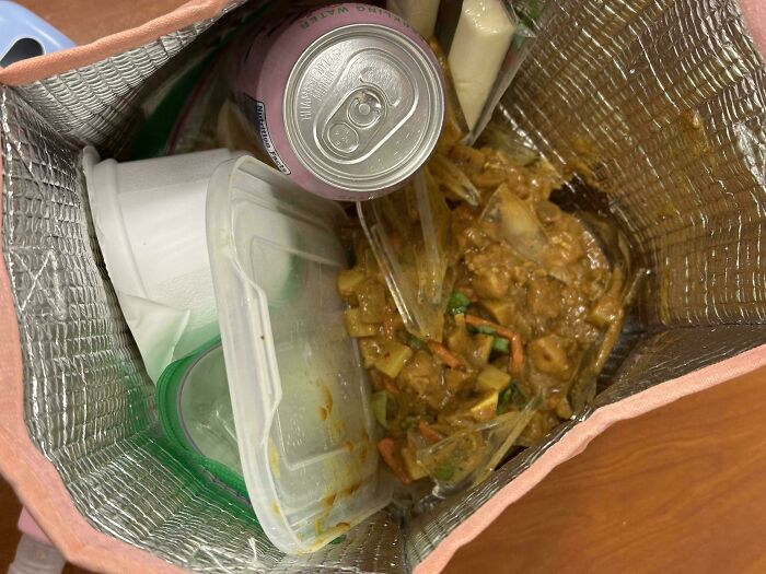 Insulated lunch bag with spilled food, plastic containers, disposable cups, and a soda can showing an epic work fail.