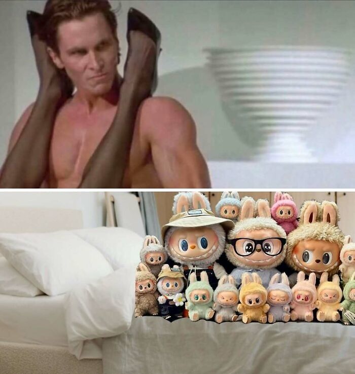 Top image meme with a man and legs paired with multiple Labubu dolls lined up on a bed, showcasing popular Labubu doll memes online.