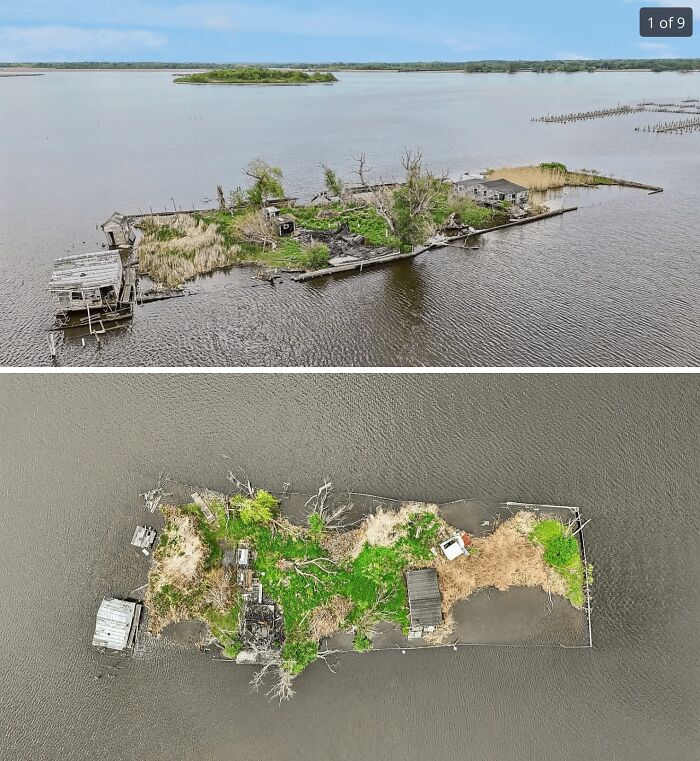 Aerial views of an unkempt island property with dilapidated structures in a body of water, showcasing unhinged real estate listings.