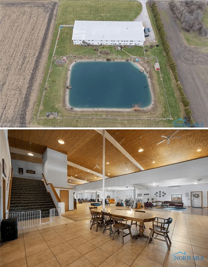 Aerial view of a large property with a pond and an open-concept interior with mismatched furniture in real estate listings.