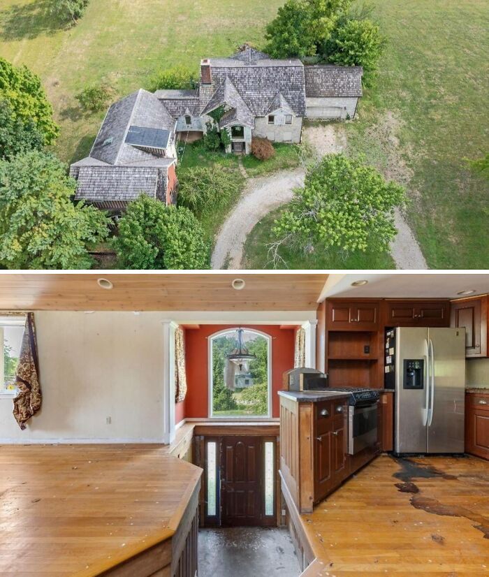 Aerial view and outdated interior of an unhinged real estate listing with poor condition and odd layout.