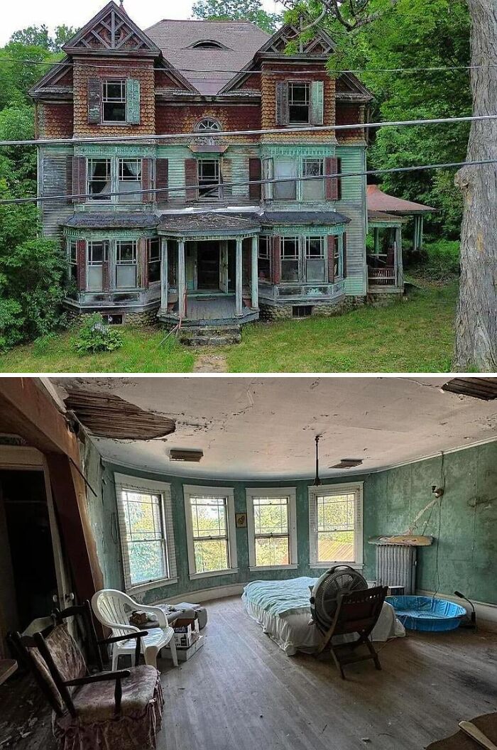 Dilapidated Victorian house exterior and rundown interior bedroom with peeling walls and sparse outdated furniture in real estate listings.
