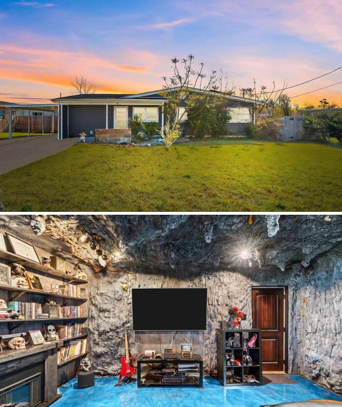 Exterior of a modest house with a large yard and an unusual cave-like living room showcasing unhinged real estate listings.