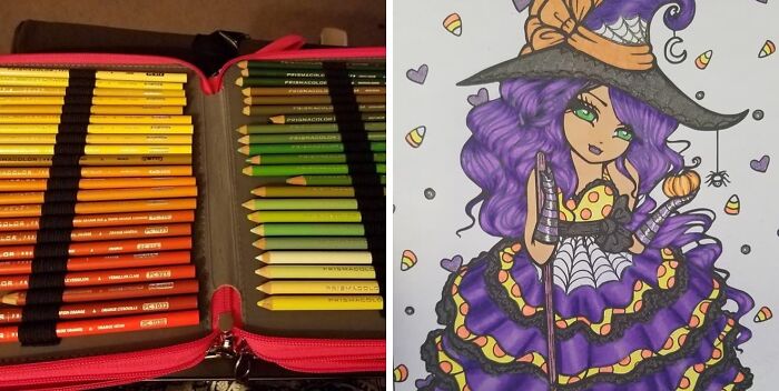 Colored pencils neatly organized in a case next to a detailed Halloween witch coloring page for back-to-school deals on Prime Day.