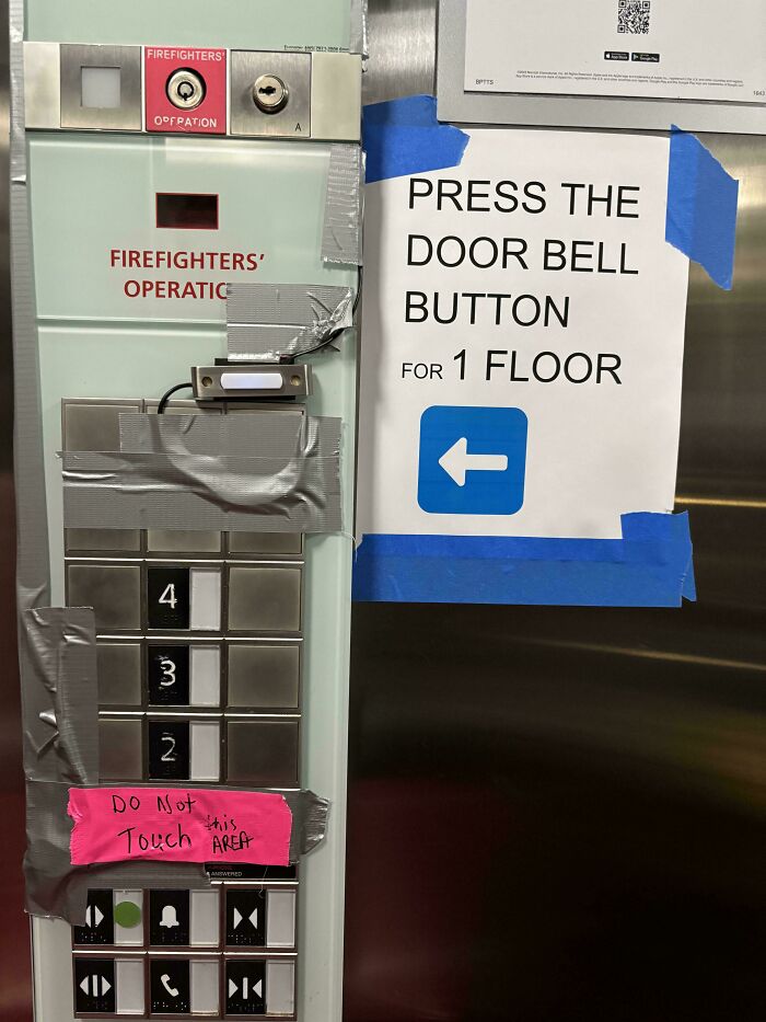 Elevator panel repair using duct tape and a creative doorbell button fix showing redneck engineering skills.