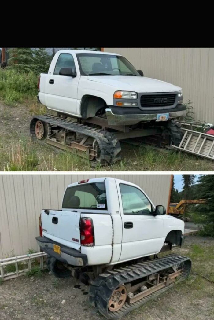 White GMC pickup truck modified with tracked wheels, showcasing creative redneck engineering and inventive MacGyvering outdoors.