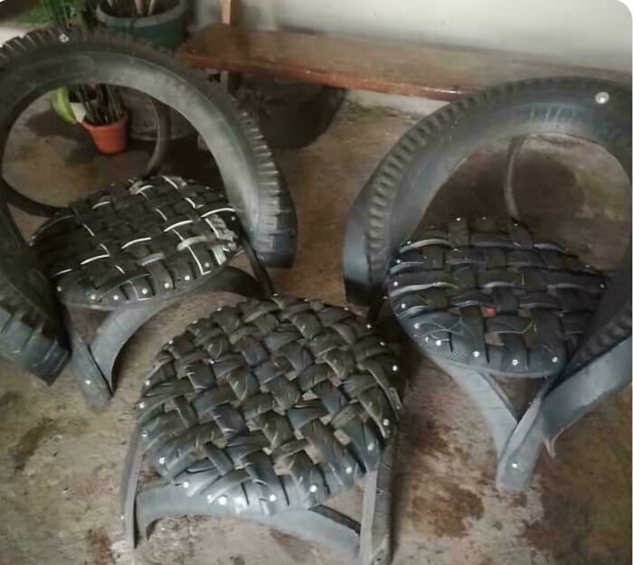 Chairs and table creatively made from recycled tires showcasing redneck engineering and resourceful MacGyvering techniques.