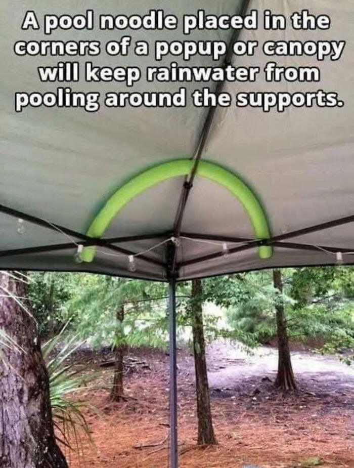 Pool noodle attached to canopy corner as a redneck engineering hack to prevent rainwater pooling around supports.