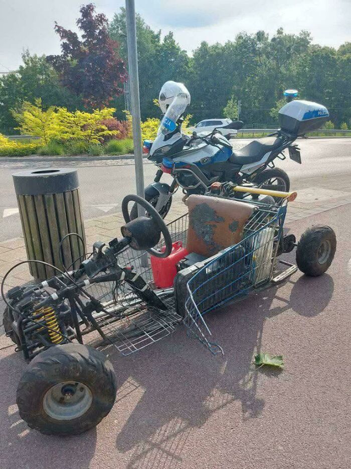 Homemade go-kart built from a shopping cart and various parts, showcasing creative redneck engineering outdoors.