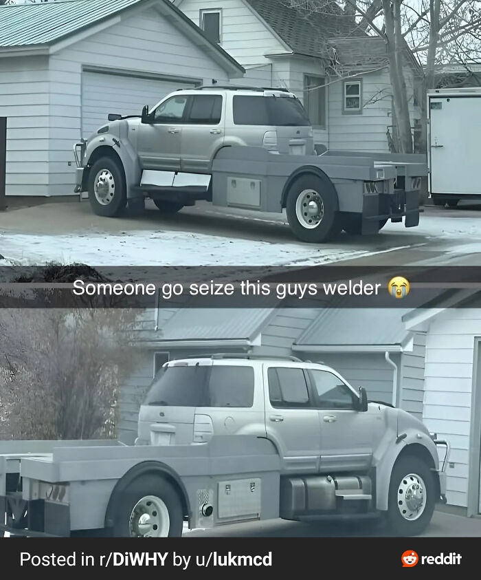 Silver SUV modified with a custom truck bed and heavy-duty wheels, showcasing redneck engineering creativity.