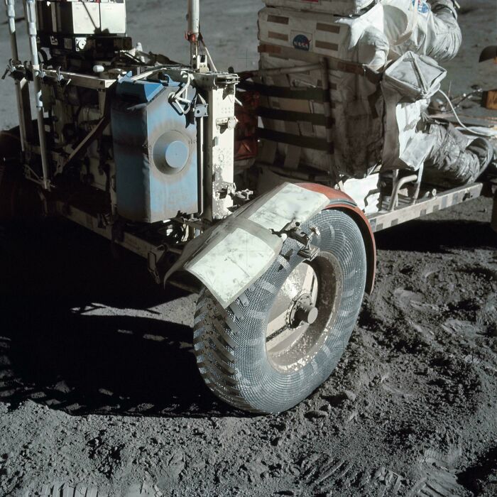 Lunar rover with mesh wheels on moon surface showcasing redneck engineering and creative MacGyvering solutions.