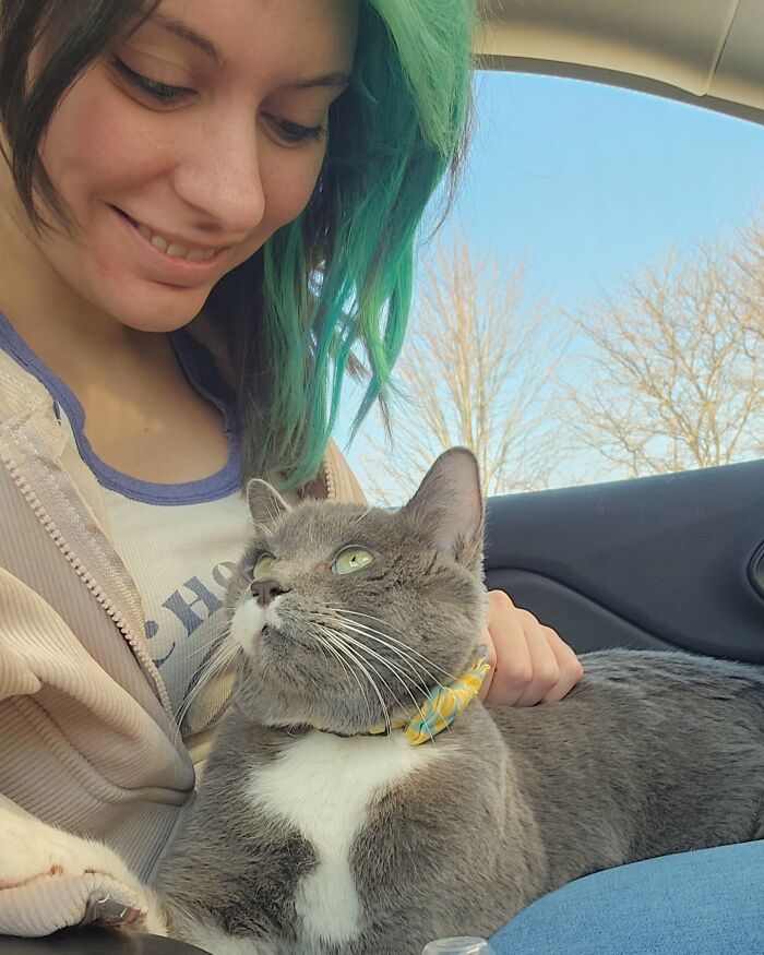 Young woman with green hair smiling at her gray cat wearing a collar, showing a cat hated taking pills but now comfortable.