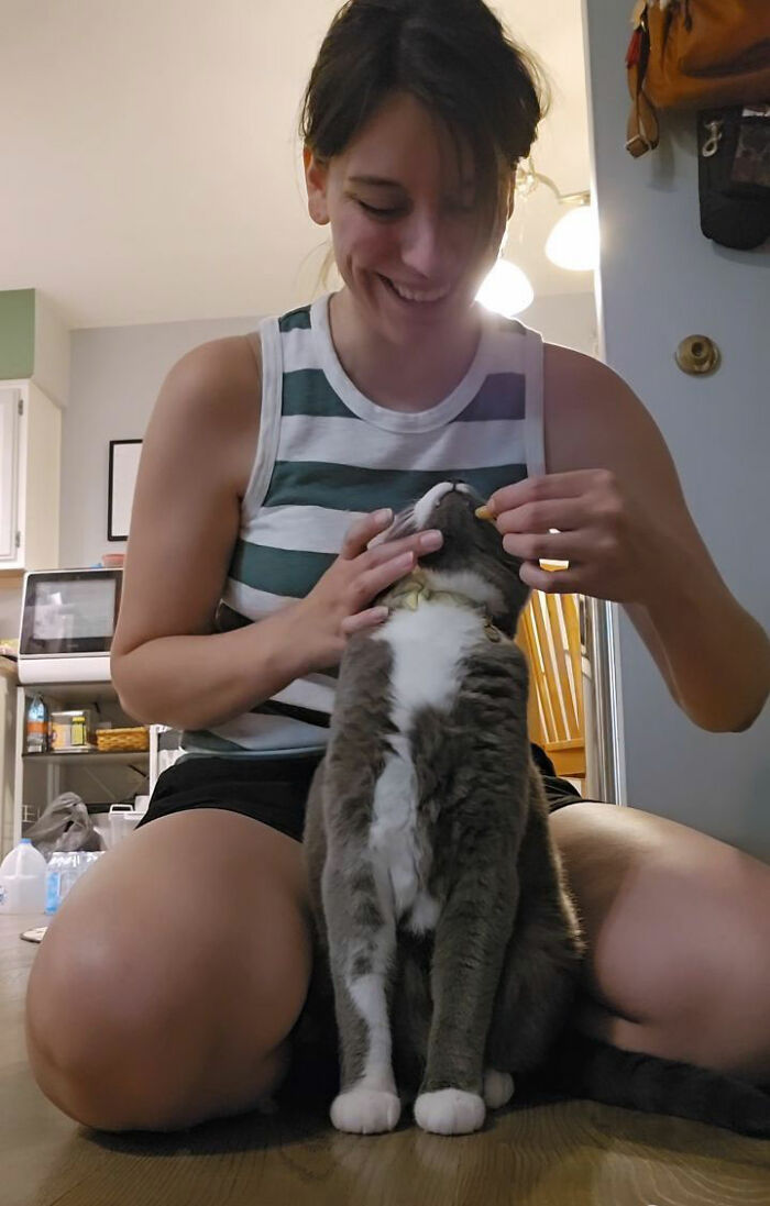 Woman feeding a pill to a gray and white cat sitting on the floor, showing a clever way to give pills to cats.