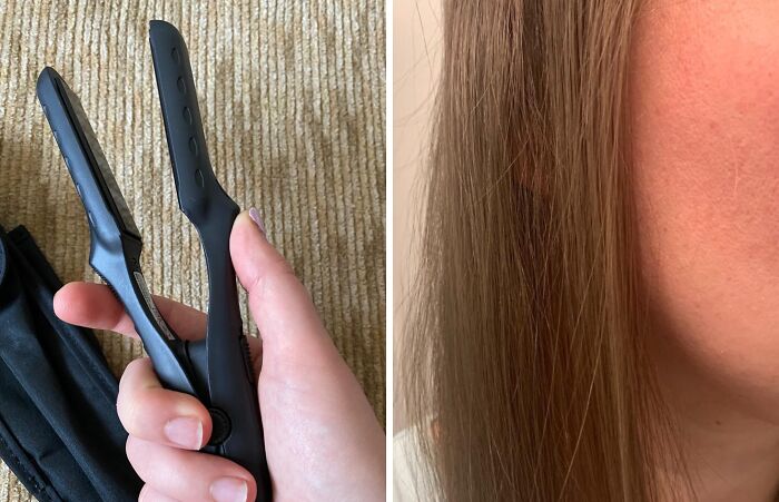 Hand holding a black hair straightener as part of travel essentials for your hot girl summer itinerary.