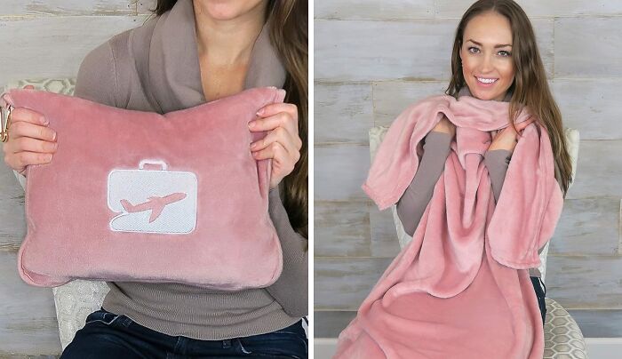 Woman holding a pink travel pillow with airplane icon and wearing a matching pink travel blanket for hot girl summer itinerary.