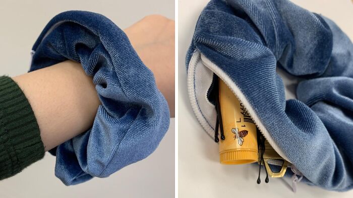 Blue denim scrunchie on wrist holding lip balm, hairpins, and a key, travel essentials for hot girl summer.