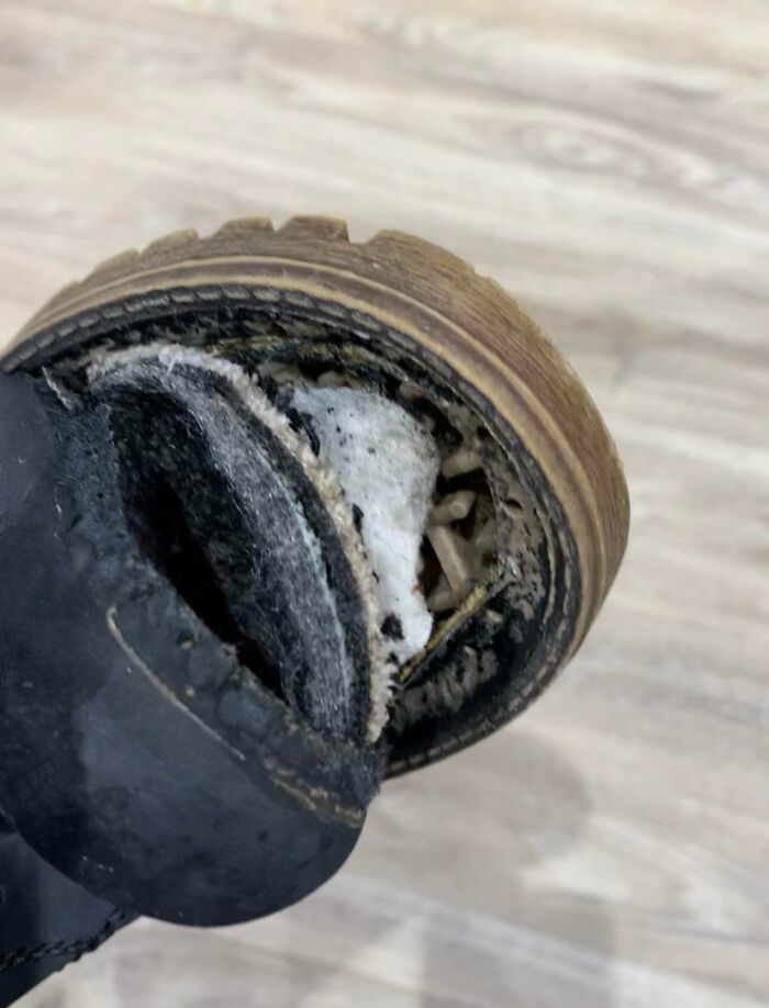 Close-up of a worn-out boot sole coming apart, showing an epic work fail that could make you glad it didn’t happen to you.