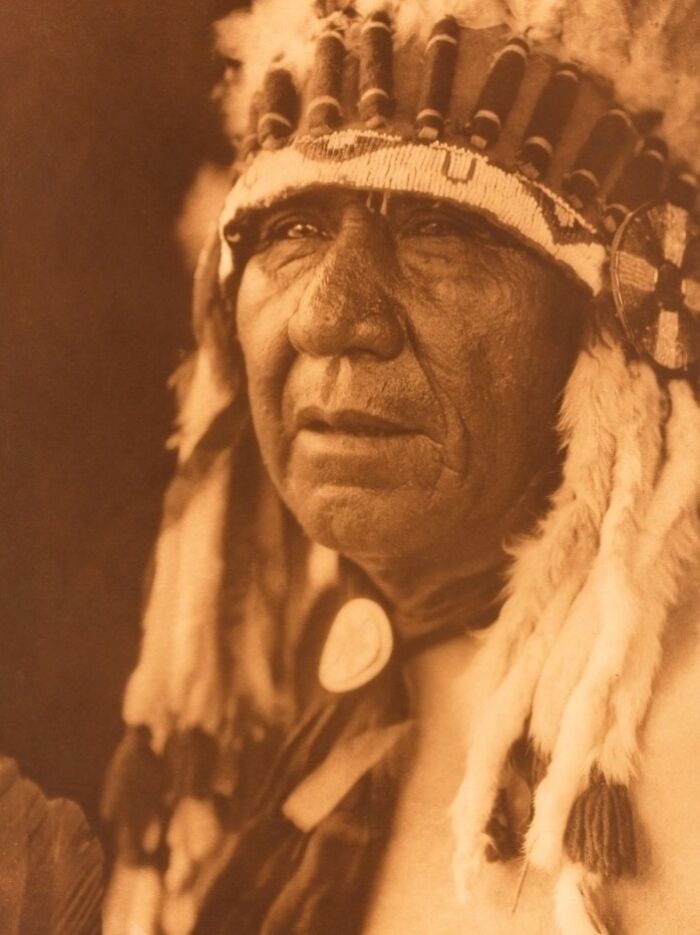 Native American elder in traditional headdress captured in a powerful Edward S. Curtis photo preserving Native American history.