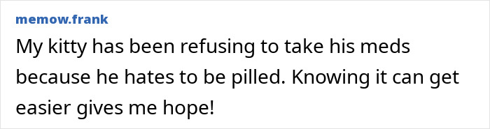 Comment about a cat refusing to take meds due to hating pills, expressing hope that it will get easier.