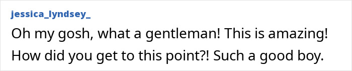 Comment praising a gentlemanly cat&rsquo;s behavior, expressing amazement and calling him a good boy.