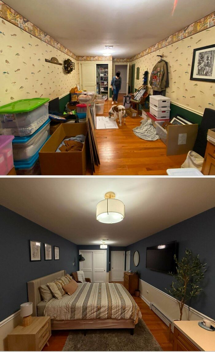Before and after images of a living space revamped with modern bedroom design and organized decor improvements.