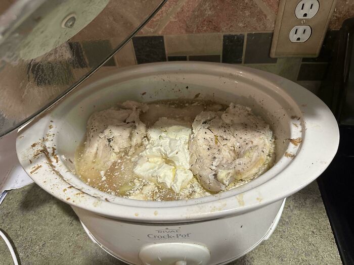 Crock-pot filled with undercooked chicken and seasoning, showing a funny unfortunate food preparation situation.