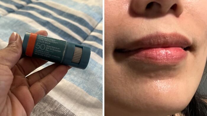 Hand holding SPF 50 sunscreen stick next to close-up of lips, essential travel item for hot girl summer itinerary.