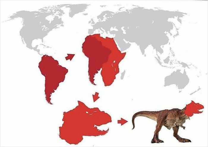 Humorous world map showing continents reshaped as parts of a dinosaur, illustrating funny maps for geography humor.