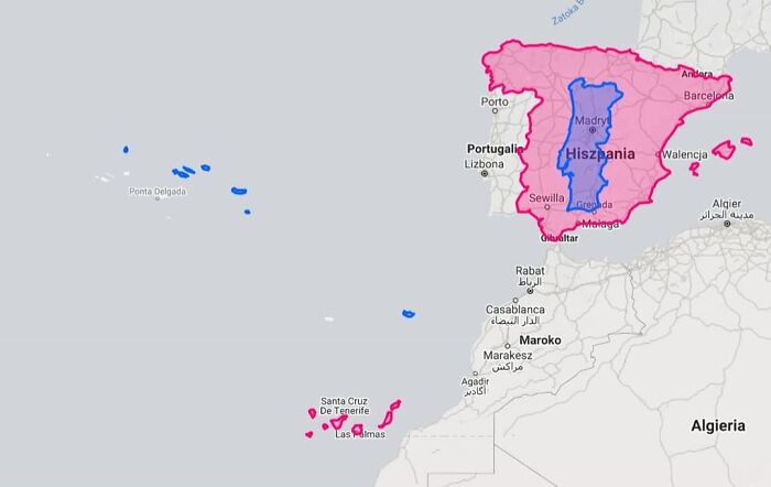 Funny map comparing Spain's size to Michigan, highlighting humorous and unusual geography differences.