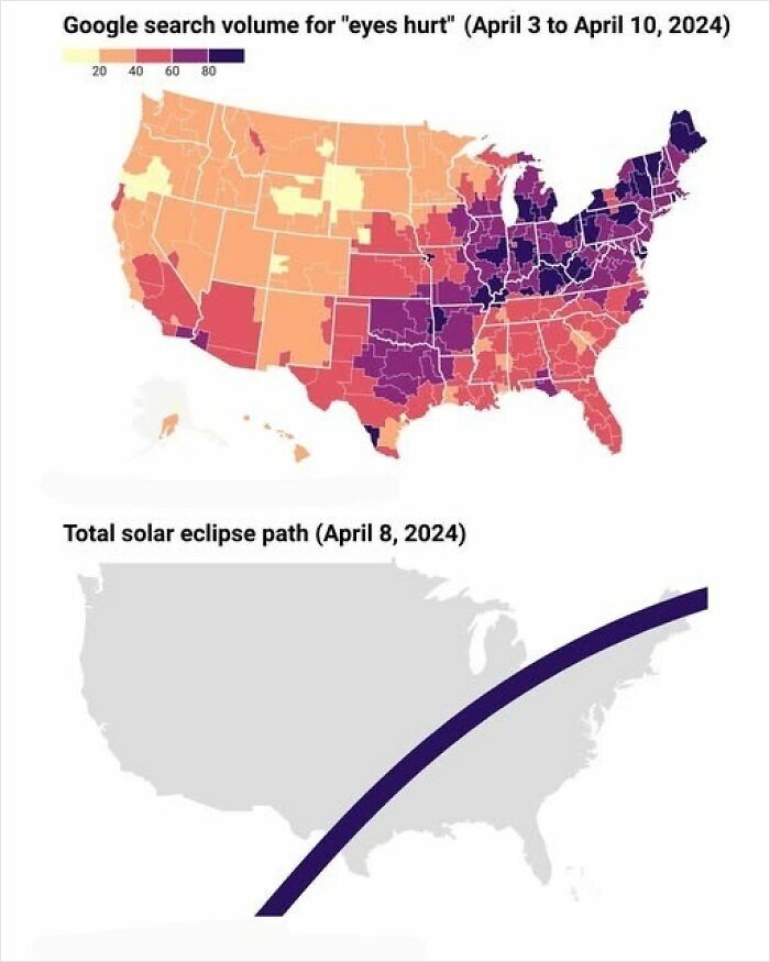 Map showing Google search volume for eyes hurt by region and total solar eclipse path across the US in April 2024, funny maps theme.