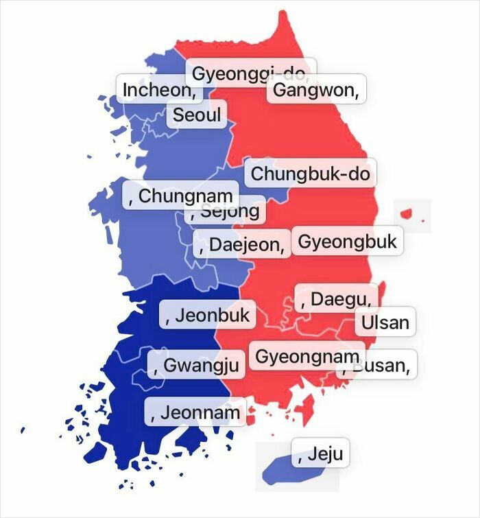 Humorous map of South Korea with regions marked in blue and red illustrating funny geography concepts.