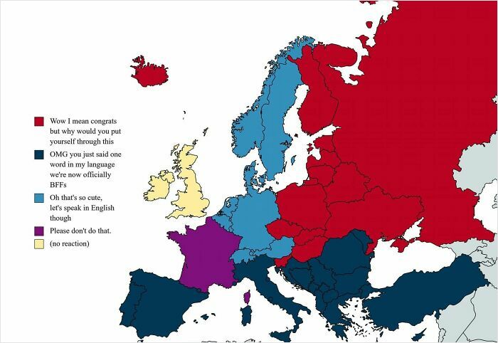Map of Europe showing countries color-coded with humorous captions reflecting language and cultural reactions.