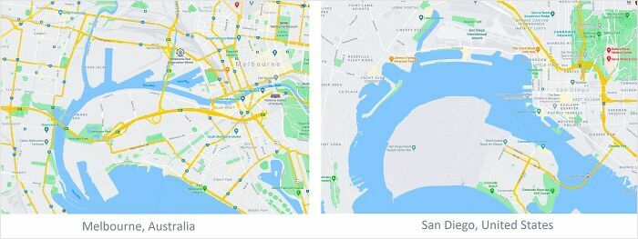 Side-by-side maps of Melbourne and San Diego highlighting funny differences in geography and layout.