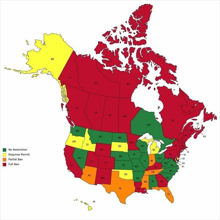 Map of North America showing gun law restrictions by state with color codes for no restriction, permit required, partial ban, and full ban.