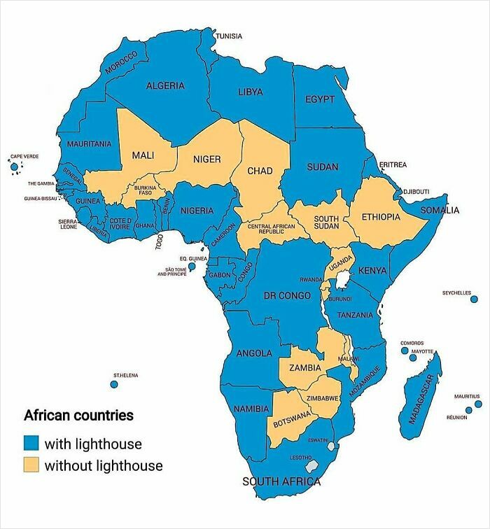 Map of African countries showing those with and without lighthouses as a funny map not found in geography books.