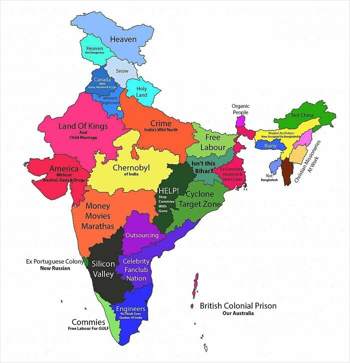 Funny map of India with humorous labels showing bizarre regional stereotypes and cultural jokes in a geography-themed illustration.