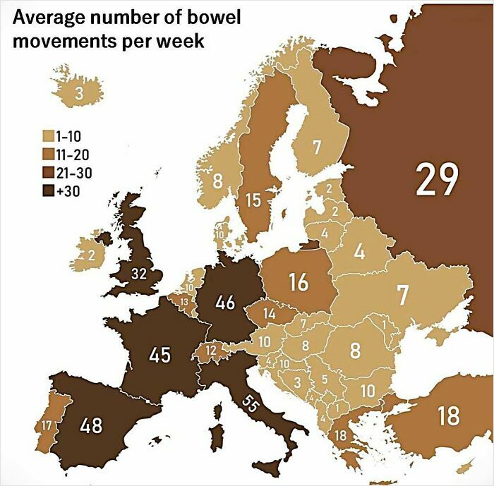 Map showing average number of bowel movements per week across Europe with color-coded data and country labels.