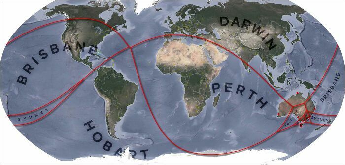 World map with distorted city names and red curved shipping routes, a funny and horrible geography map illustration.
