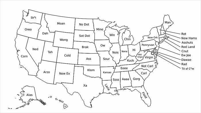 Funny map of the United States with humorous state name variations, showcasing a quirky geography map concept.