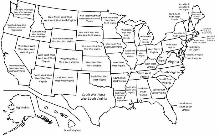 Map of the US showing states humorously renamed variants of Virginia in a funny and horrible geography-themed map.