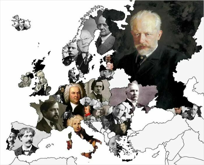 Map of Europe with portraits of famous composers humorously placed according to their countries in funny maps collection.