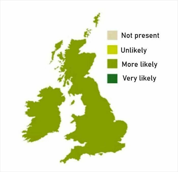 Map of the United Kingdom showing likelihood levels in different regions with color-coded legend in a funny geography map style.