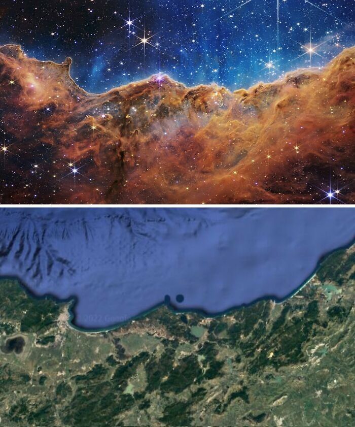 Space nebula with star formations above a satellite image of a coastal region showing land and water geography maps.